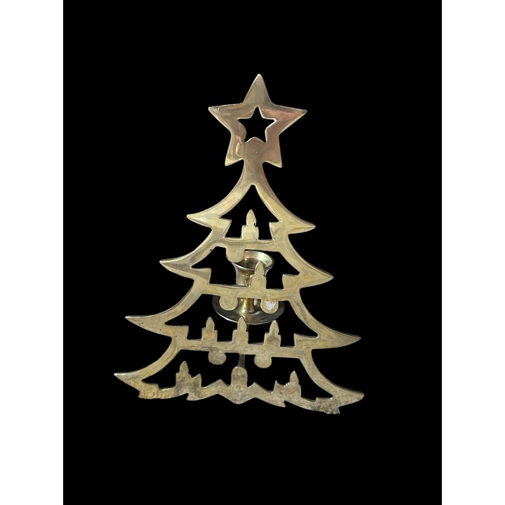 Vtg Brass Christmas Tree Taper Candlestick Holder Star Topper 9”